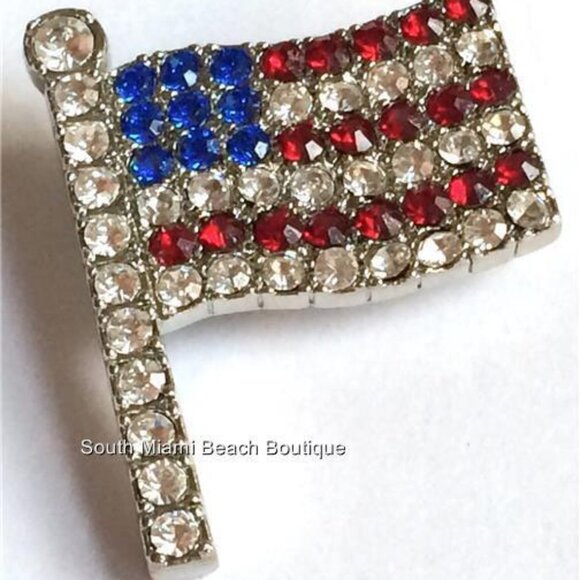 USA American Flag Pin Brooch Patriotic July 4th US Crystal Silver Plated 1.5" - Picture 9 of 12